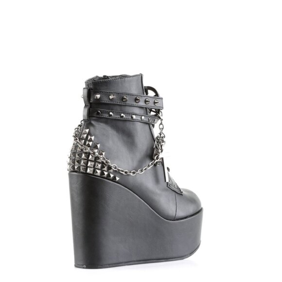 Poison 101 Pentagram Cross Chain 5" Wedge Heel Studded Goth Ankle Boots - Picture 9 of 12